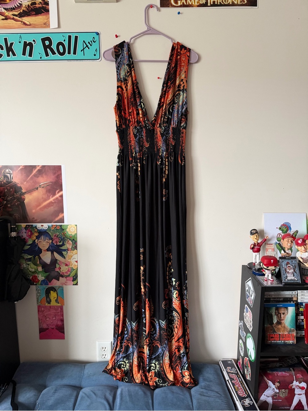 Plunging V-Neck Maxi Dress in Black with Orange Paisley Print